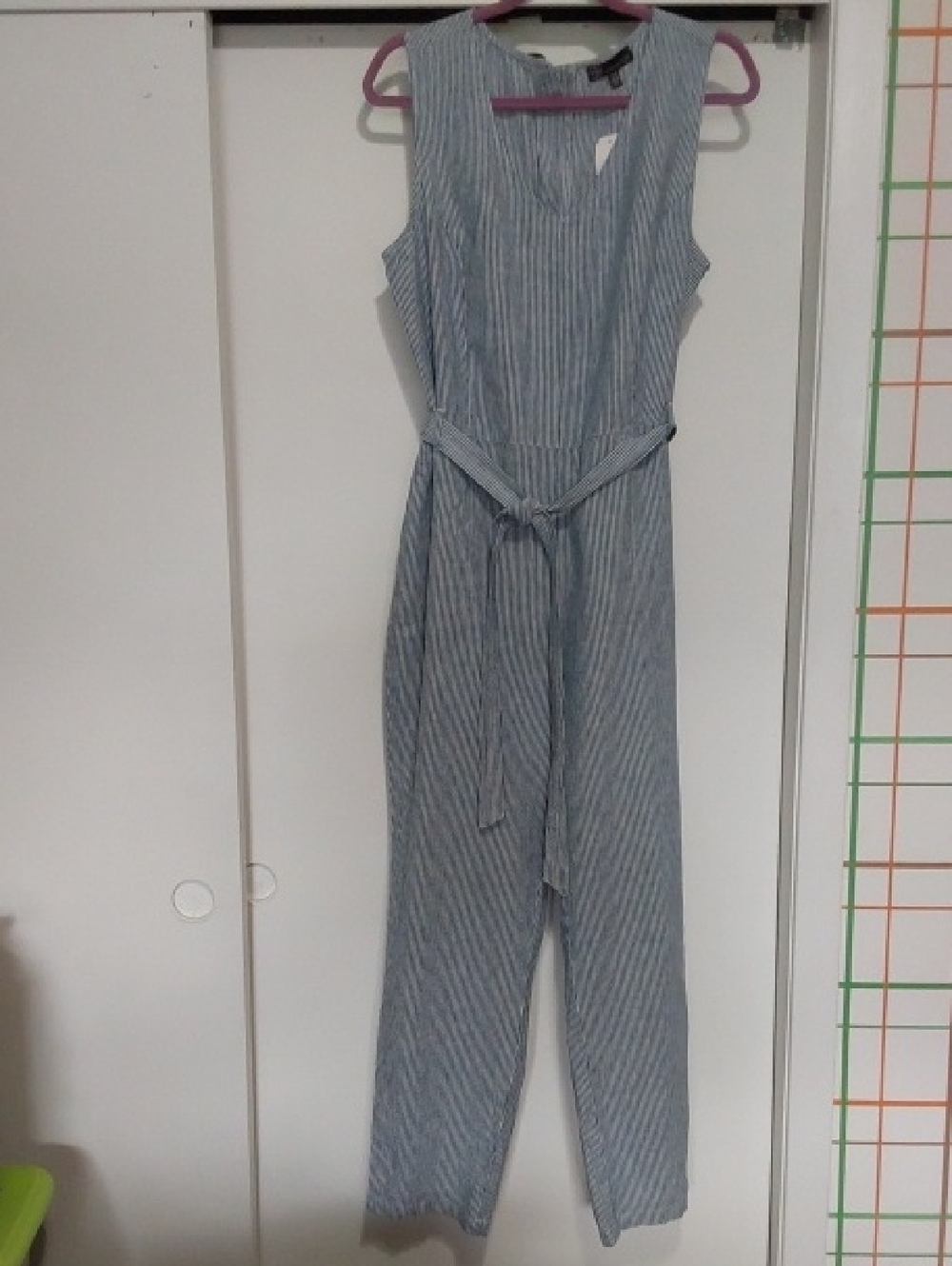 Sleeveless Blue Stripe Jumpsuit with Tie Belt